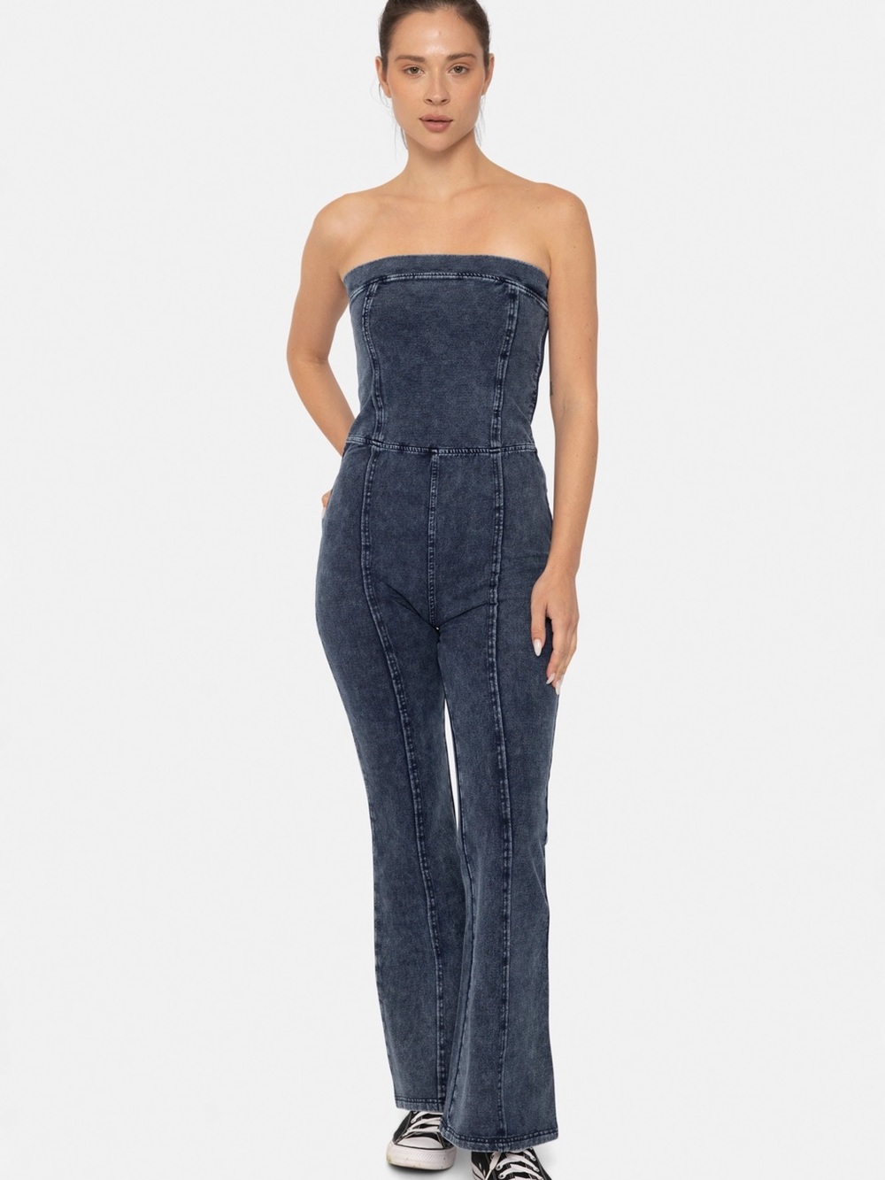 Strapless Dark Wash Denim Look Knit  Jumpsuit